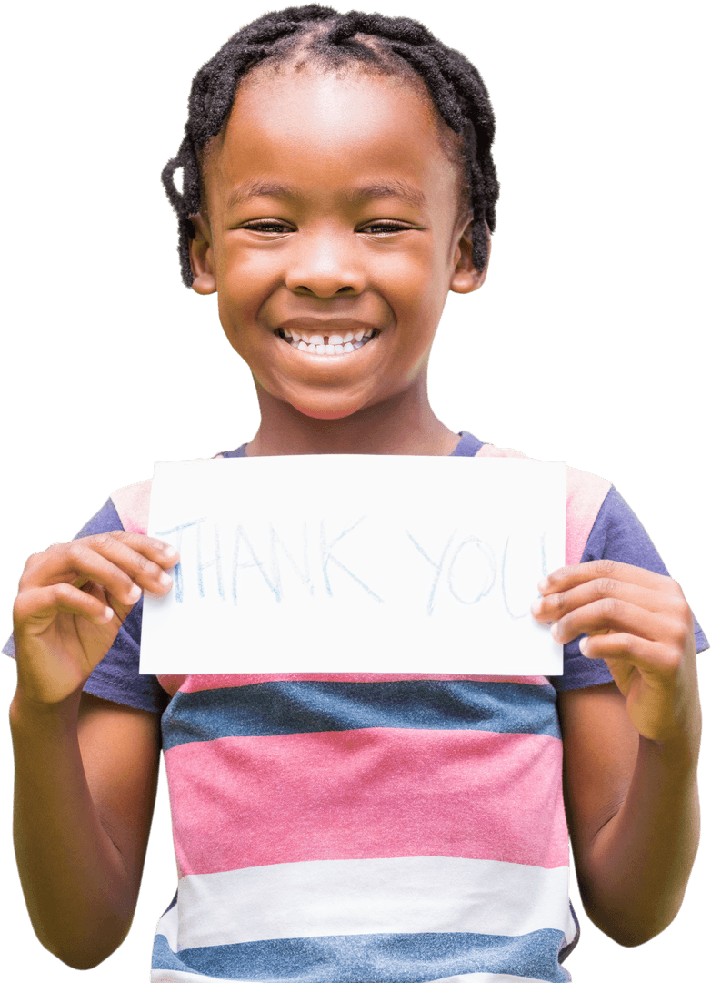 Cheerful Child Holding Thank You Sign on Transparent Background