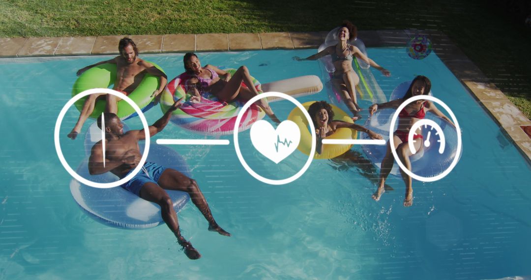 Diverse Friends on Inflatables in Pool with Digital Overlay