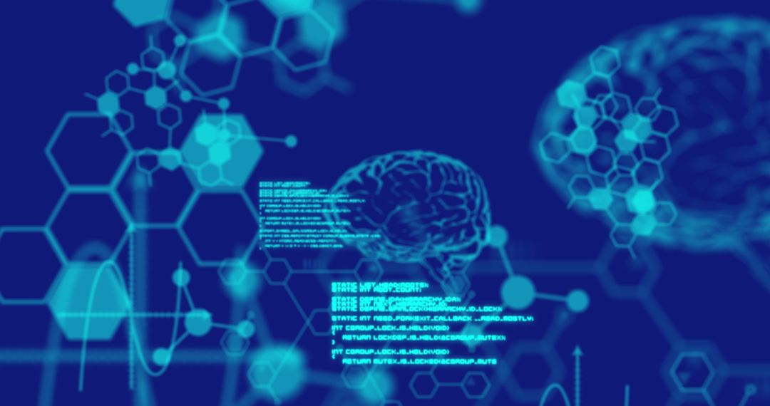 Digital Brains and Data Processing on Blue Background