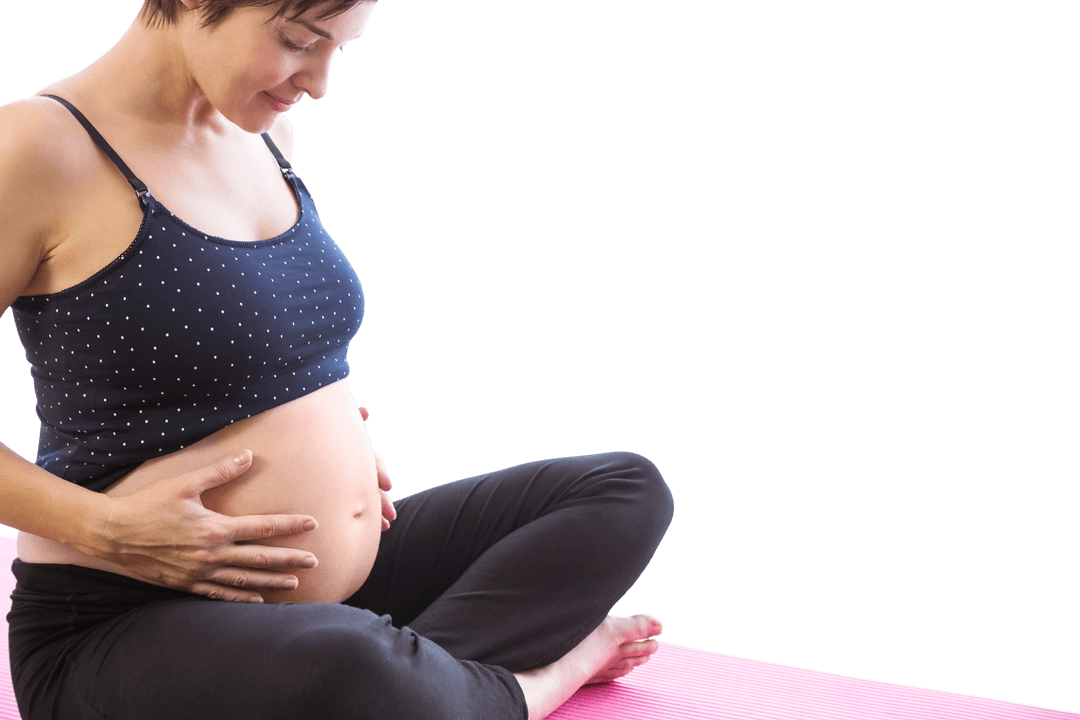 Transparent Pregnant Woman Smiling and Sitting on Exercise Mat