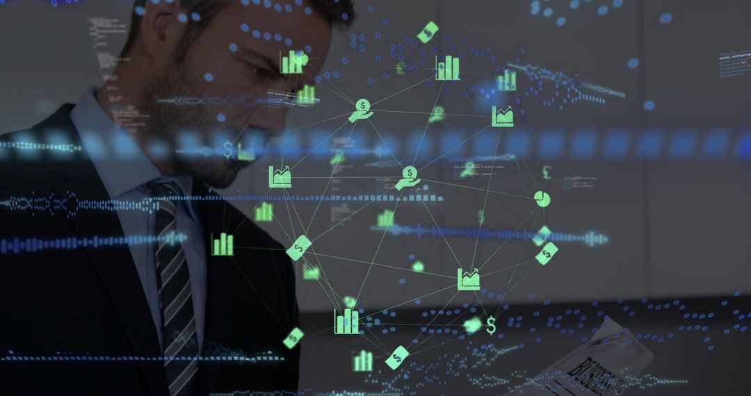 Businessman Analyzing Financial Data with Digital Overlay in Office