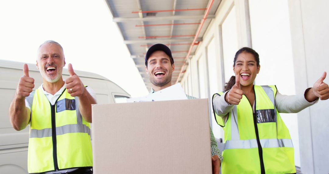 Happy Delivery Team Giving Thumbs Up with Boxes Outdoors - Free Images, Stock Photos and Pictures on Pikwizard.com