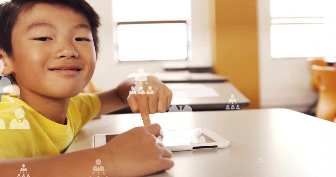 Student Using Digital Tablet in Classroom with Virtual Icons