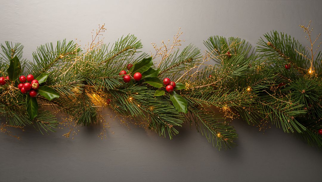 Minimal Holiday Pine and Holly Garland with Red Berries and Gold Lights on Gray Backdrop