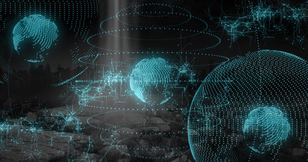 Futuristic Holographic Globes Hovering Over Dystopian Cityscape