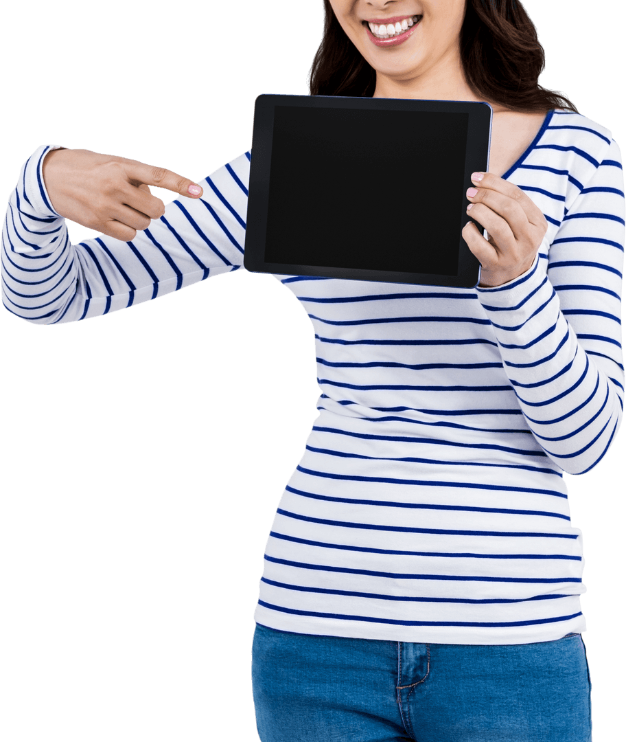 Smiling Woman Pointing at Tablet with Transparent Background