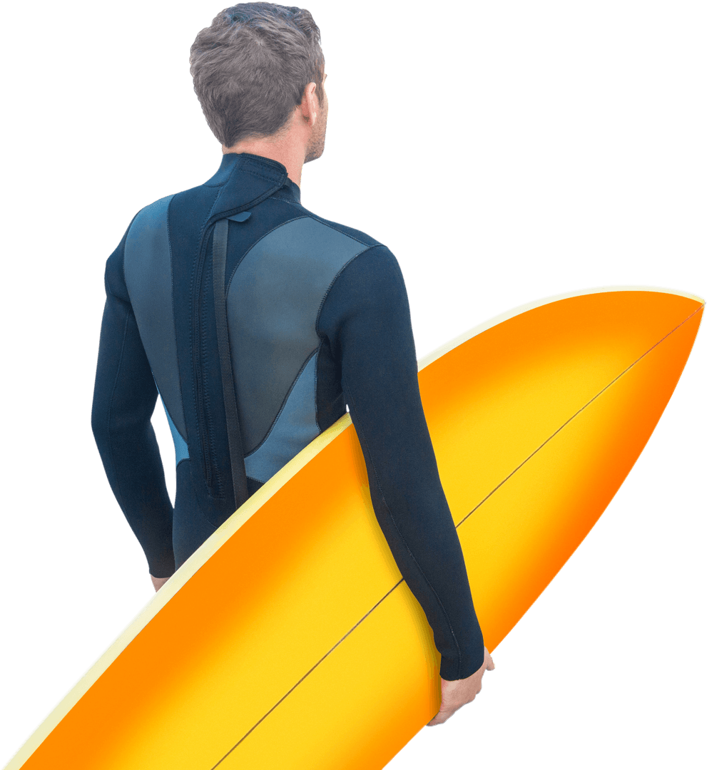 Transparent Surfer Holding Yellow Surfboard in Wetsuit