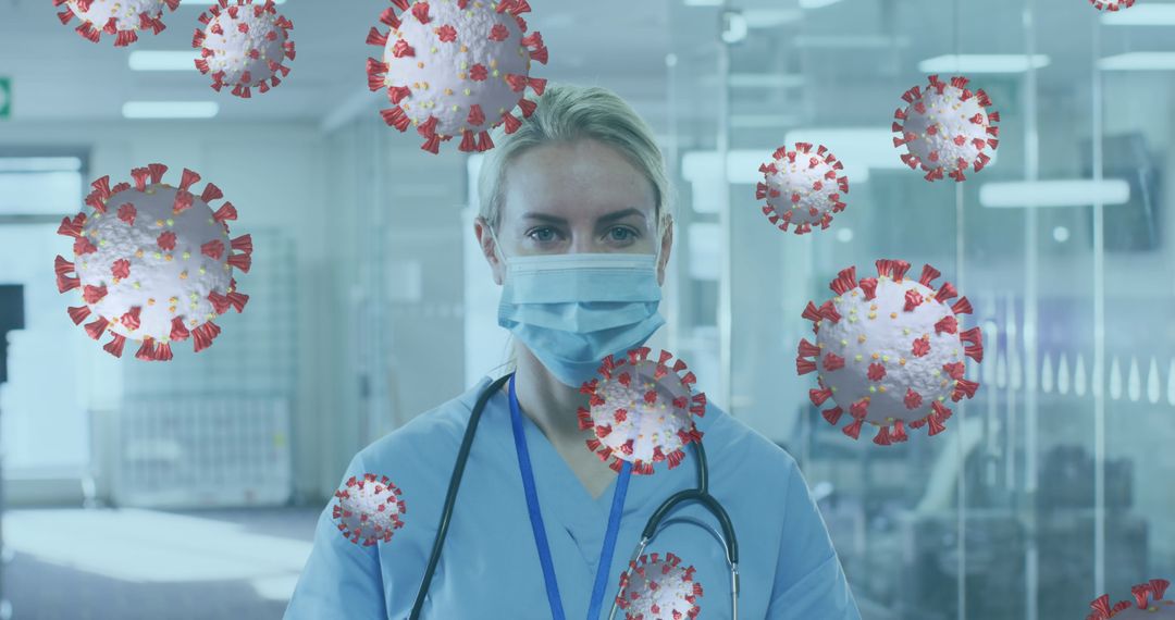 Healthcare Professional in Mask Amid Floating COVID-19 Graphics