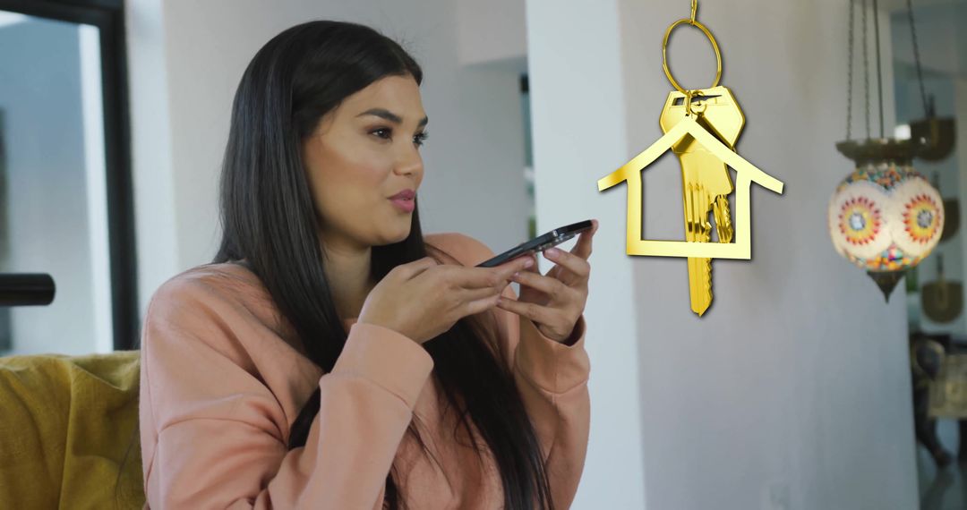 Smiling Woman Speaking on Smartphone and Gold House Key Icon