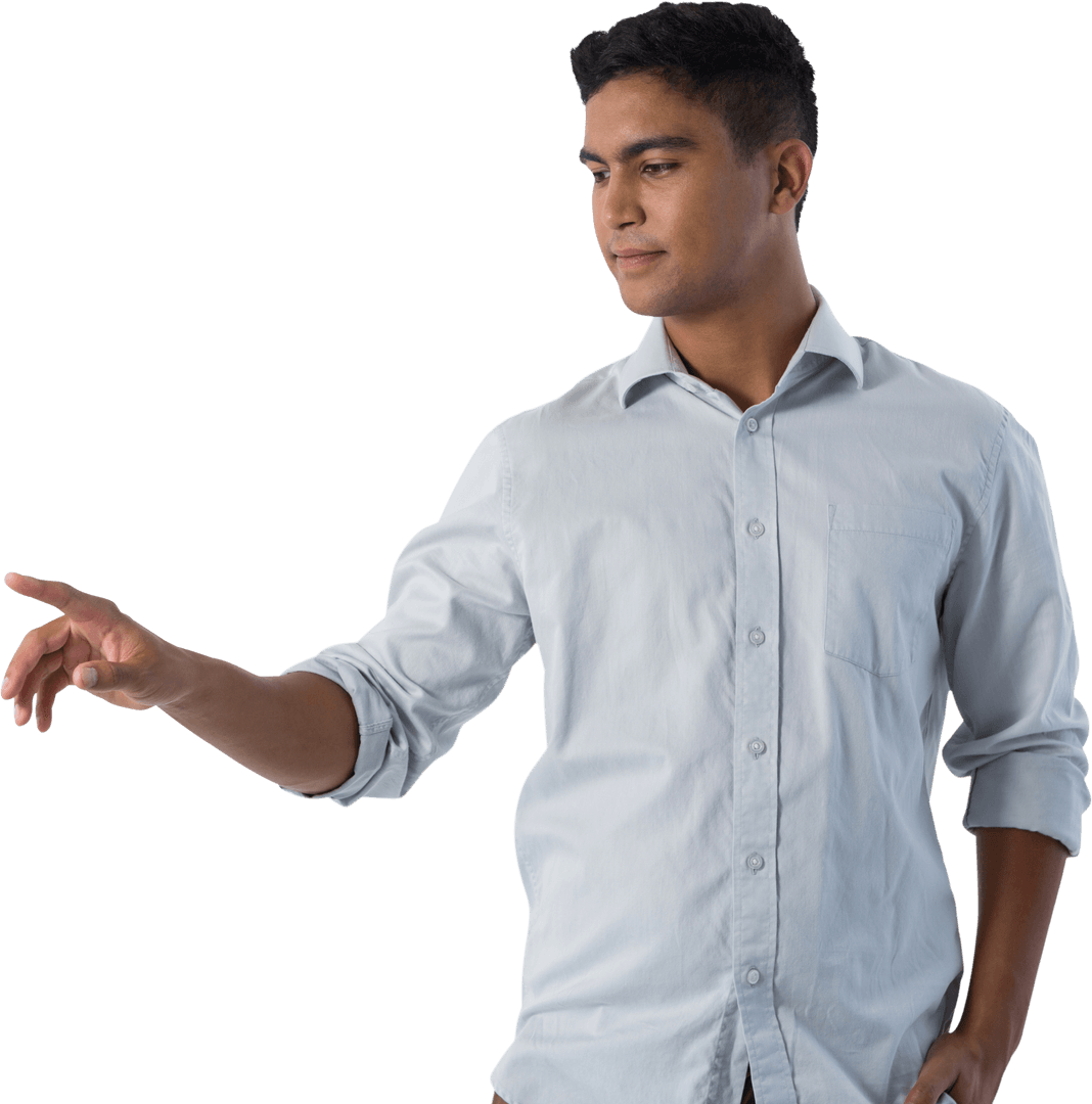 Man Pretending to Touch Transparent Virtual Screen in Casual Outfit