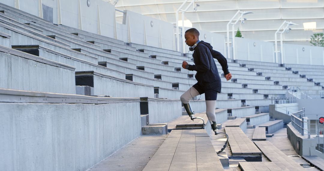 Amputee Athlete Running Up Stadium Stairs for Fitness Training - Free Images, Stock Photos and Pictures on Pikwizard.com