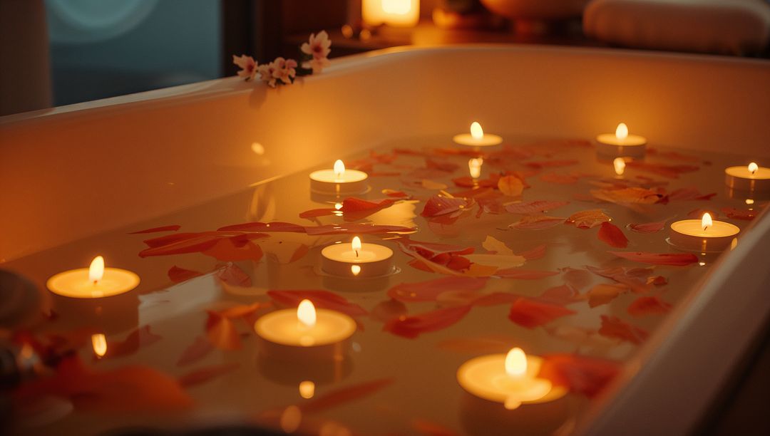 Freestanding Bathtub with Candlelit Ambiance and Floating Petals