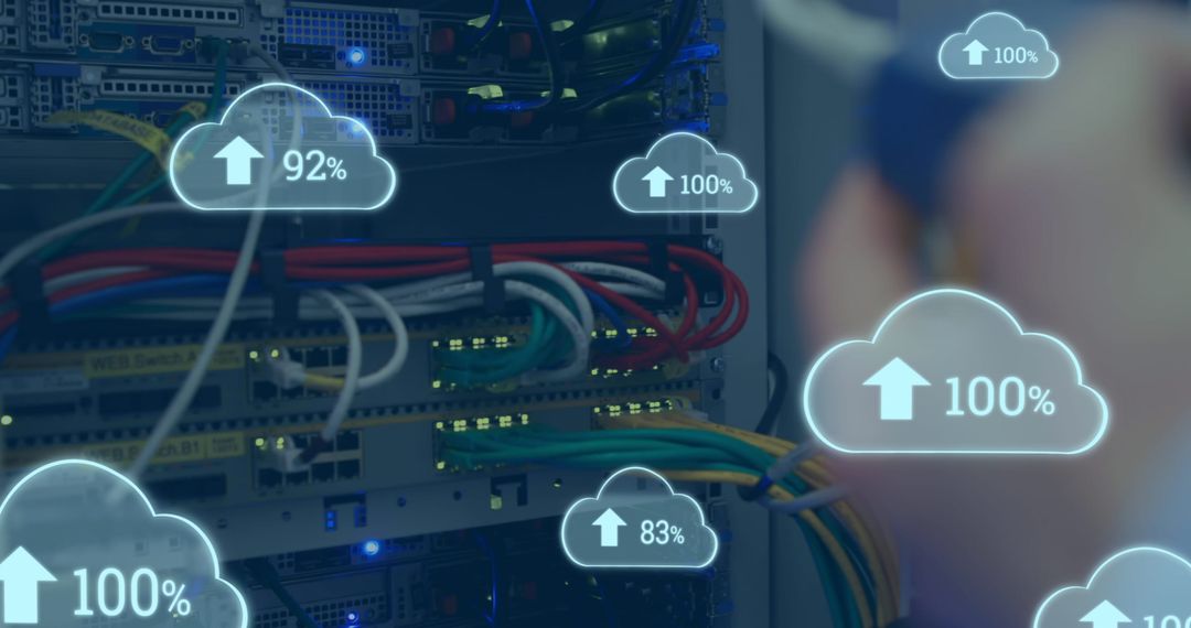 Cloud Service Visualization Over Server Room Background