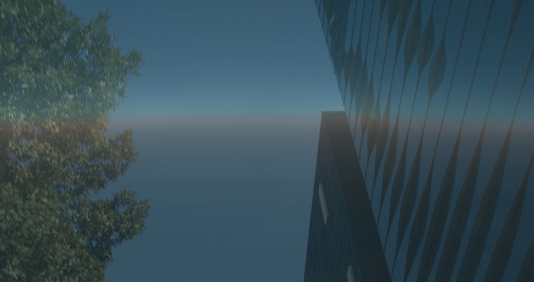 Glistening Light Trails Over Modern Skyscraper and Lush Foliage