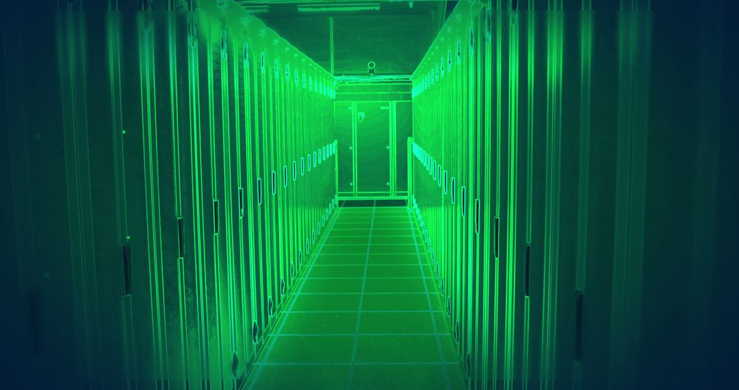 Futuristic Neon Server Room with Binary Code Overlay