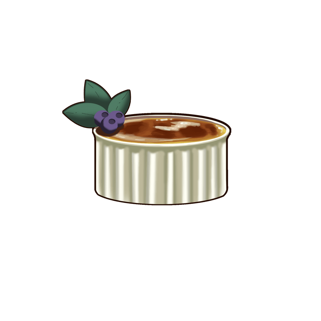 Transparent Creme Brulee in Ramekin with Berries and Leaves