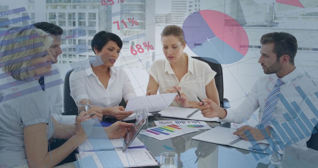 Diverse Team Analyzing Data with Infographic Overlay