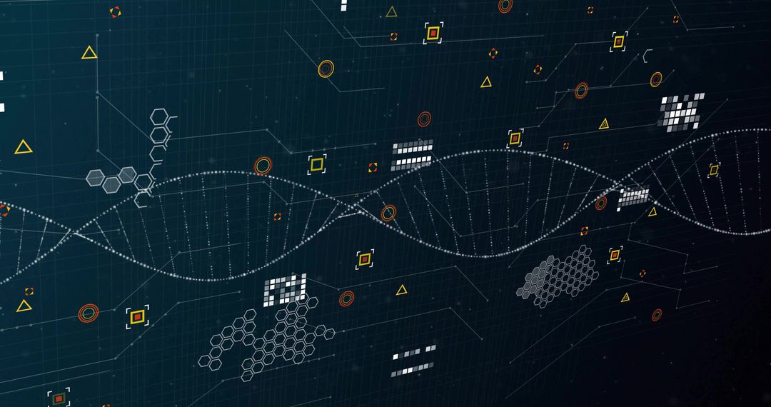 Flowing DNA helix crossing digital dashboard with hex clusters, circuit lines, data nodes