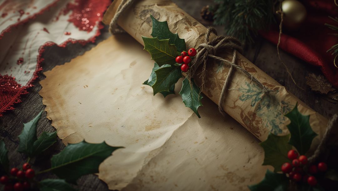 Festive Scroll with Holly Accents on Rustic Table