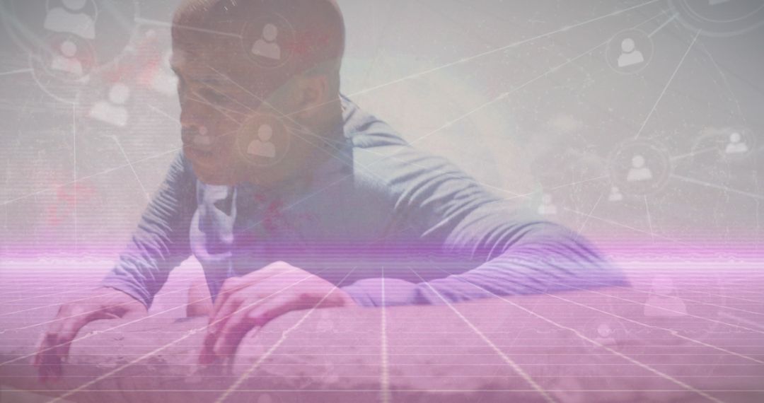 African American Man Climbing with Network Overlay and Icon Connections