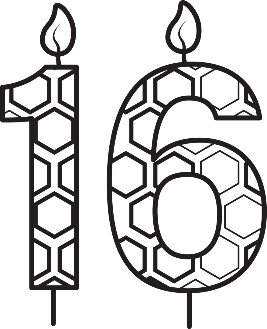 Hexagon Patterned Black 16th Birthday Candle on Transparent Background