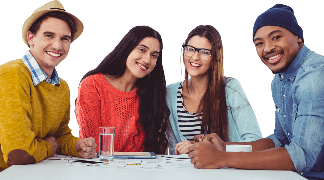 Transparent Background Team Brainstorming in Casual Wear Around Table