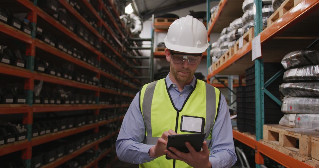 Warehouse Worker Wearing Safety Gear Using Digital Tablet in Inventory Storage - Free Images, Stock Photos and Pictures on Pikwizard.com