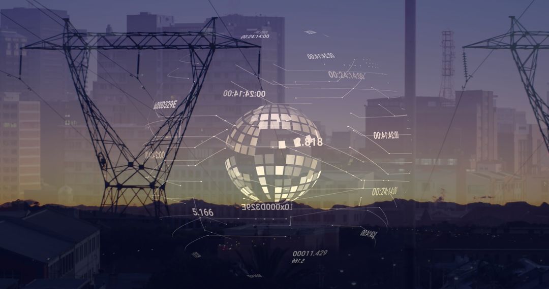 Holographic Digital Globe Above Industrial Cityscape at Dusk