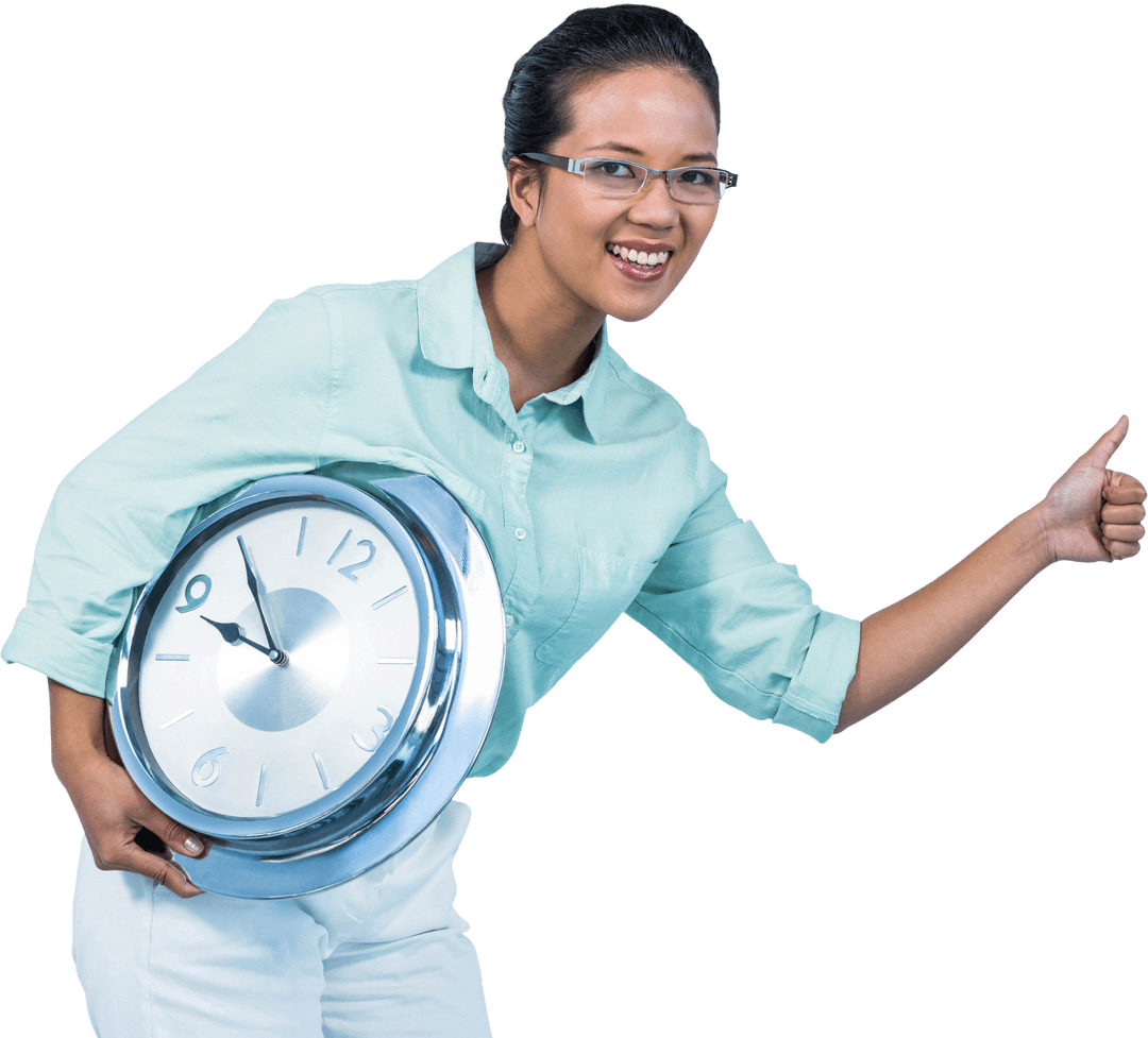Transparent Happy Businesswoman Holding Large Clock Thumbs Up