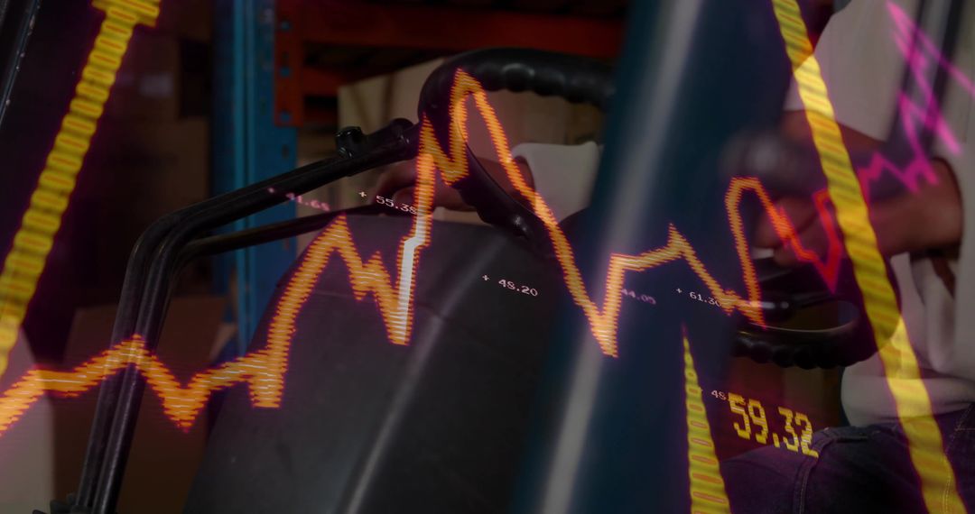 Logistics Worker Operating Pallet Jack with Overlay of Stock Market Graph
