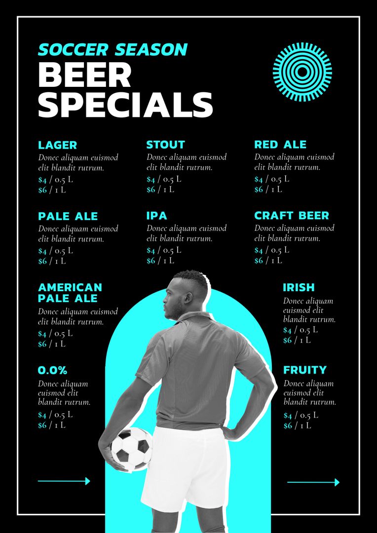 Soccer Season Beer Specials Menu with African American Player