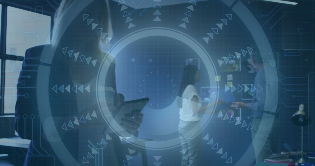 Digital Data Overlay on Diverse Business Professionals in Modern Office