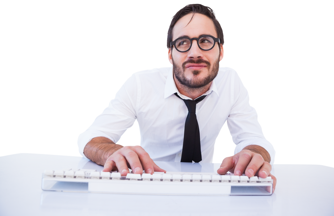 Thoughtful Businessman at Desk Using Transparent Computer Keyboard - Download Free Stock Images Pikwizard.com