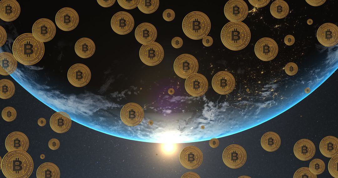 Digital Cryptocurrency Revolution around Earth at Sunrise