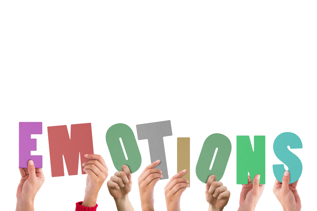 Transparent Hands Holding Colorful Letters Spelling Emotions