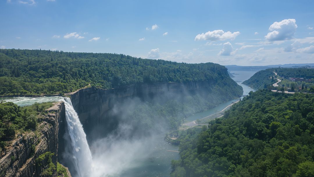 Majestic Waterfall Cascading into Deep Forested Canyon with River Mist Panorama Lookout