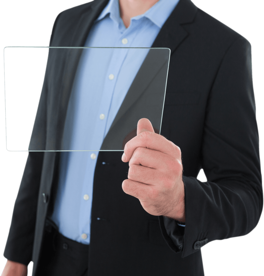 Businessman Holding Transparent Glass Interface With Business Suit