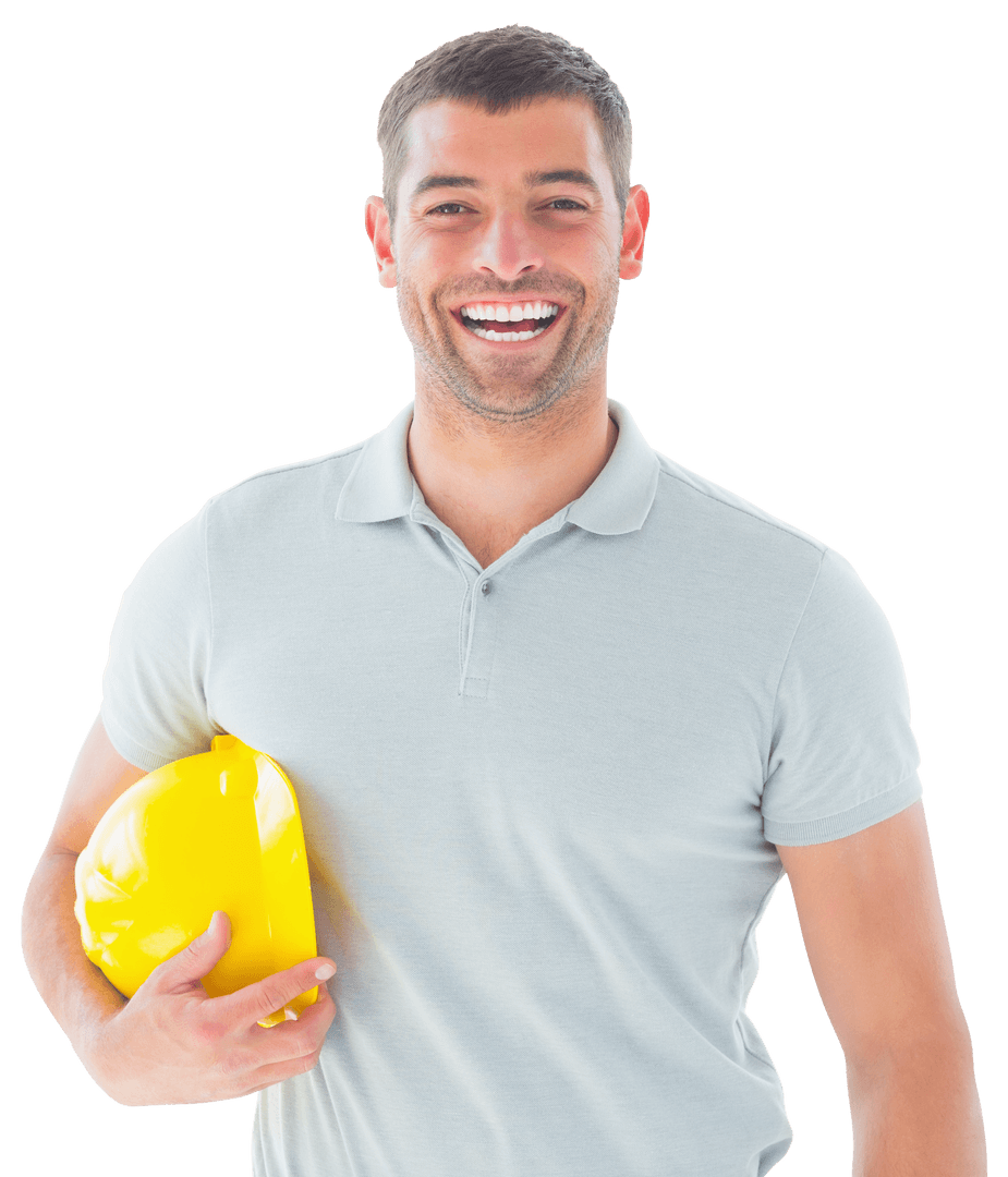 Transparent View Smiling Worker with Yellow Helmet Confident Pose