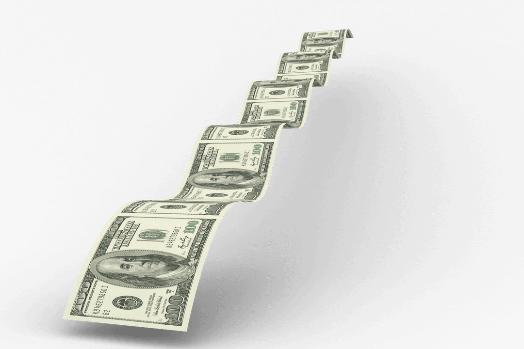 Long Stream of Waving Hundred Dollar Bills on Transparent Background