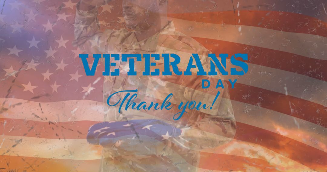 Image of veterans day thank you text over african american male soldier and american flag - Free Images, Stock Photos and Pictures on Pikwizard.com