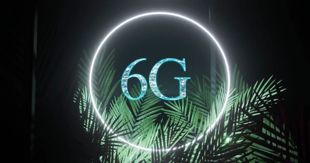 6G Technology Concept with Neon Circle and Leaves Design