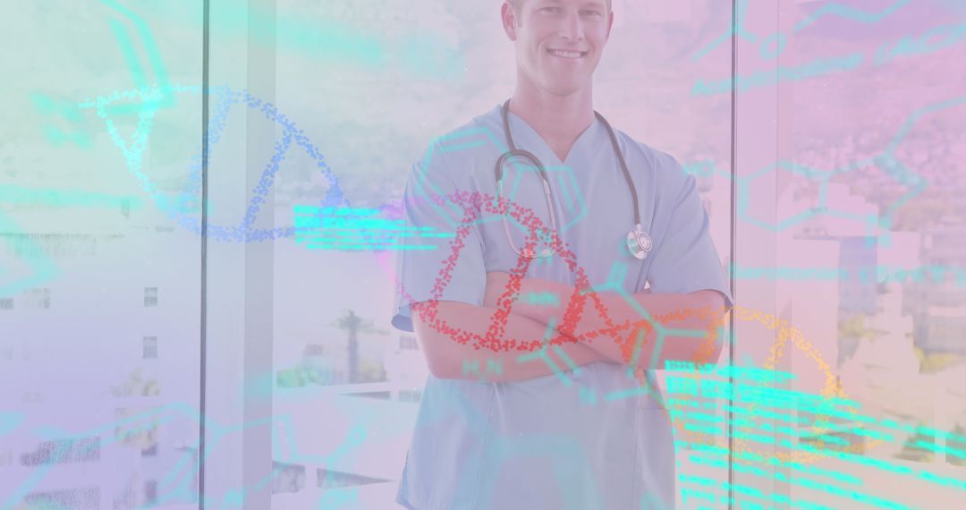 Smiling Male Doctor with DNA Strand Visual Overlay in Medical Setting