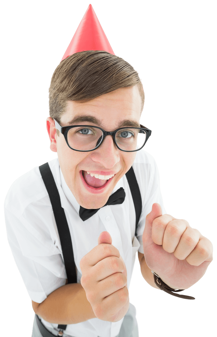 Cheerful Young Male in Bowtie with Party Hat Transparent