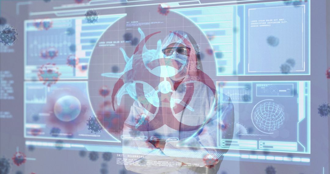 Floating Biohazard Icon on Virtual Screen with Masked Doctor