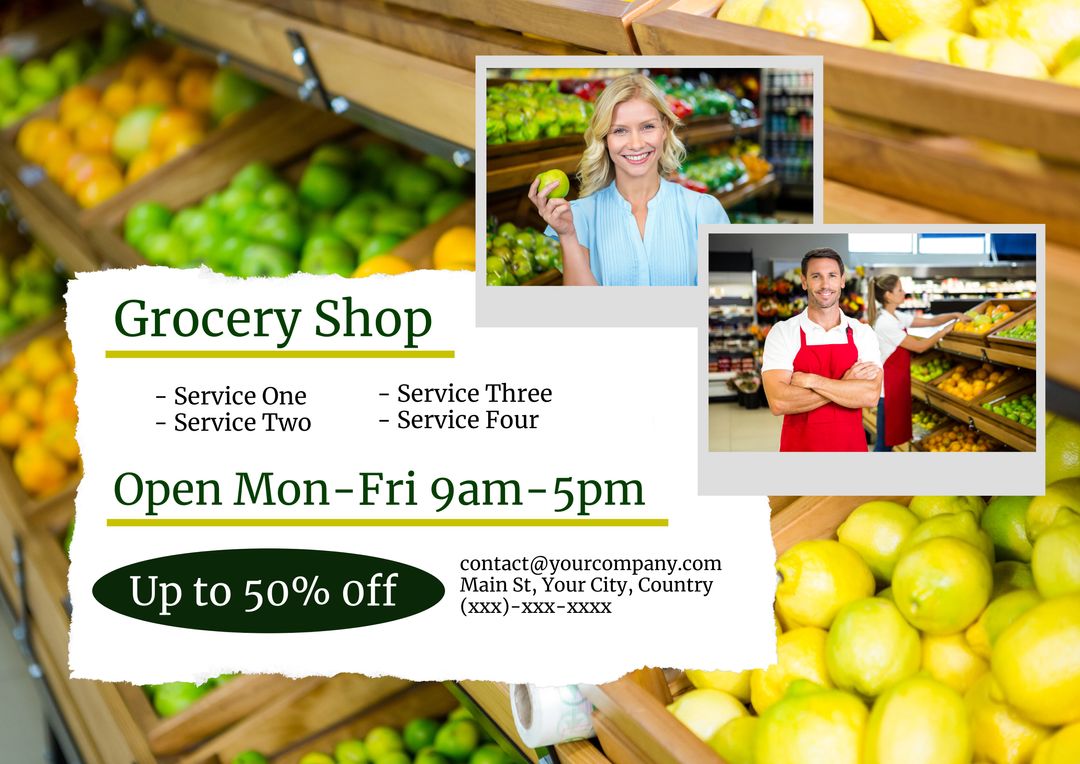 Community-Focused Grocery Shop Advertisement with Contact Information - Download Free Stock Templates Pikwizard.com