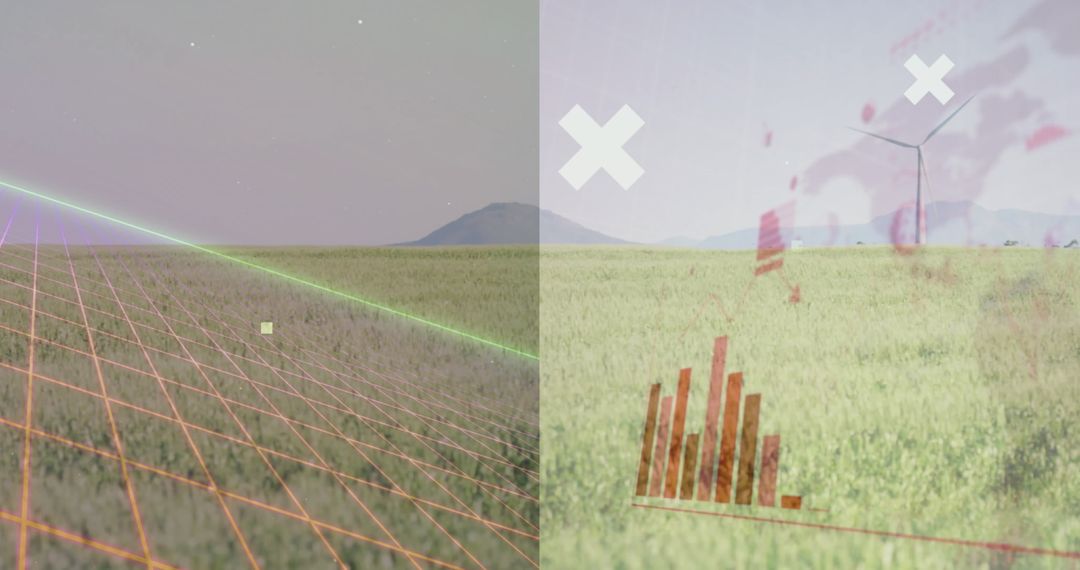 Futuristic Energy Transition Field with Wind Turbine and Data Graphics