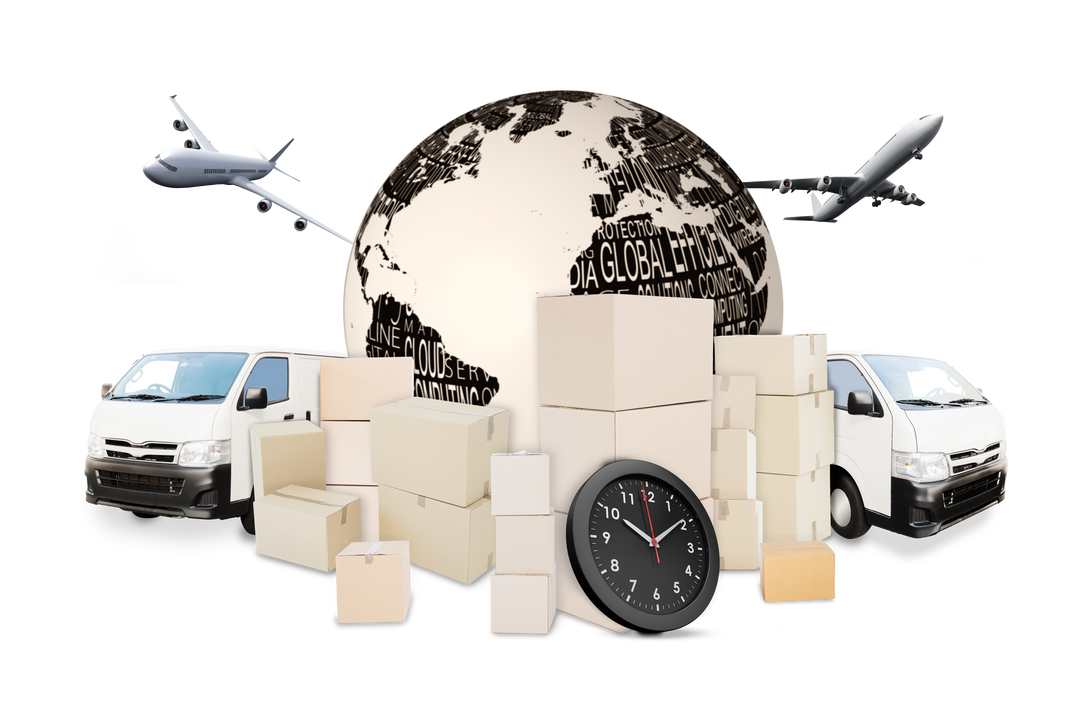 Transparent Logistics Illustration with Globe, Vehicles, Boxes, and Work Clock - Download Free Stock Images Pikwizard.com