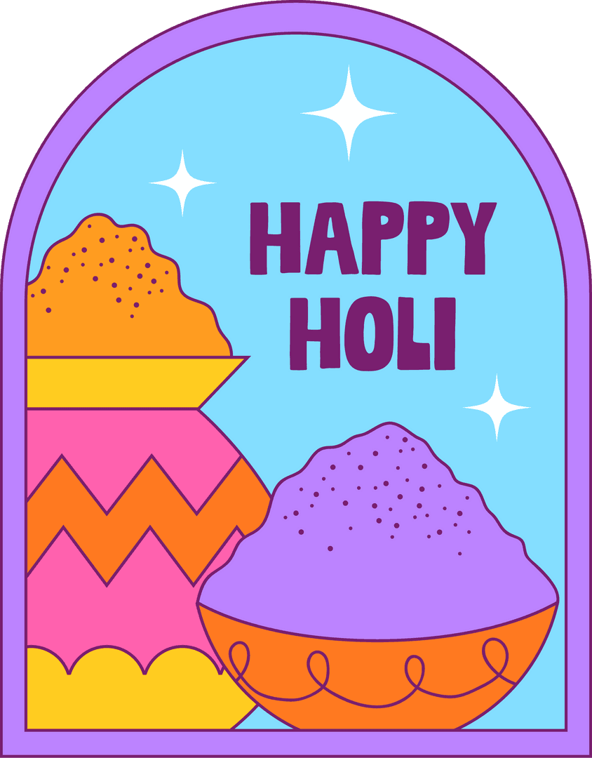 Transparent Holi Poster with Colorful Bowls and Stars