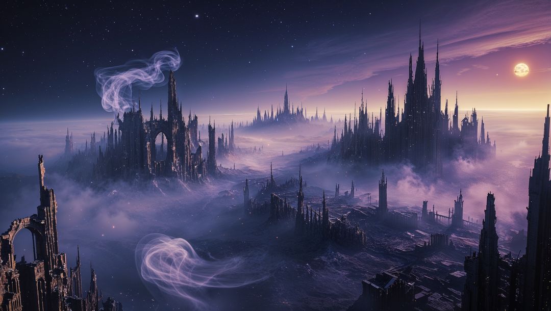 Mystical gothic ruins in luminous mist and moonlit sky of the apocalypse aftermath