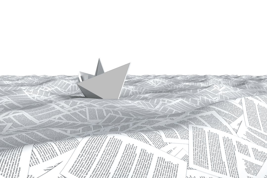 Transparent Origami Boat Floating Over Endless Printed Papers